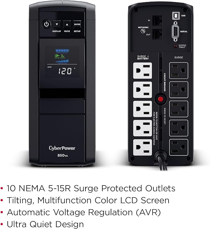 CyberPower CP850PFCLCD PFC Sinewave UPS Battery Backup and Surge Protector, 850VA/510W, 10 Outlets, AVR, Mini-Tower; UL Certified