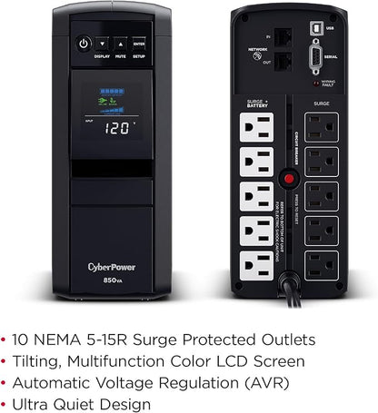 CyberPower CP850PFCLCD PFC Sinewave UPS Battery Backup and Surge Protector, 850VA/510W, 10 Outlets, AVR, Mini-Tower; UL Certified