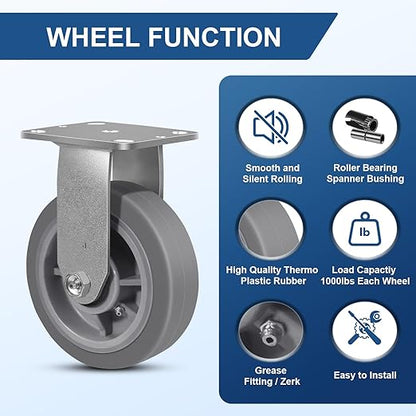 6 Inch Rubber Wheels (Flat Tread)- Heavy Duty Casters, Industrial Caster Wheels- with up to 1000 LB Capacity- Use for Dollies, Utility and Maintenance Carts(1 Rigid)