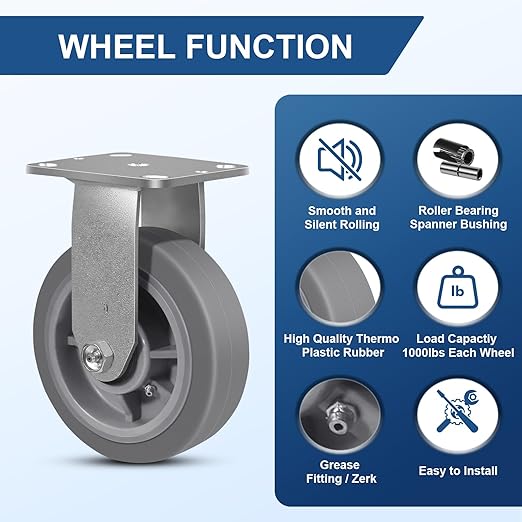 6 Inch Rubber Wheels (Flat Tread)- Heavy Duty Casters, Industrial Caster Wheels- with up to 1000 LB Capacity- Use for Dollies, Utility and Maintenance Carts(2 Rigid)