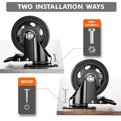 5 Inch Swivel Caster Wheels, Set of 4 Heavy Duty, Locking Industrial Casters with Brake, Black, Stainless Steel, Polyurethane, Double Safety Brakes and 360 Swivel for Maximum Flexibility