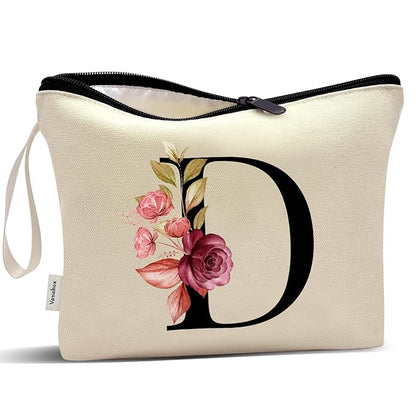 Vavabox A-Z Personalized Makeup Bag, Birthday Gifts for Women Mom, Gifts for Best Friend, Bride Bridesmaid Cosmetic bag (D, Yellow)