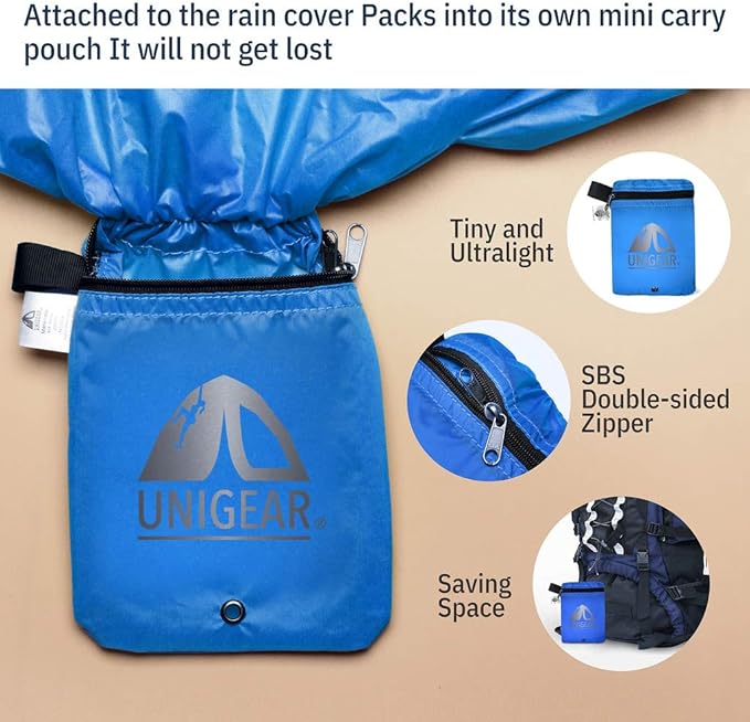 Unigear Backpack Rain Cover Waterproof Rating 5000mm Ultraportable and Durable with 2 Anti-Slip Buckle Strap, Integrated Carry Pouch Design (Blue, XX-Large)