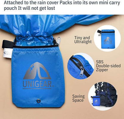 Unigear Backpack Rain Cover Waterproof Rating 5000mm Ultraportable and Durable with 2 Anti-Slip Buckle Strap, Integrated Carry Pouch Design (Blue, XX-Large)