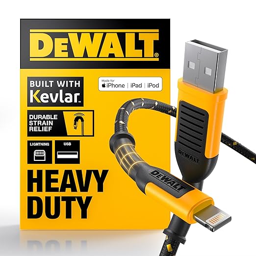 DEWALT Heavy Duty USB to Lightning Cable [Apple MFiCertified] Durable iPhone Charger, Lightning Cables, Fast Charging iPhone Charger Cord Compatible w/iPhones 14/13/12/11 Pro Max iPad AirPods, 4FT