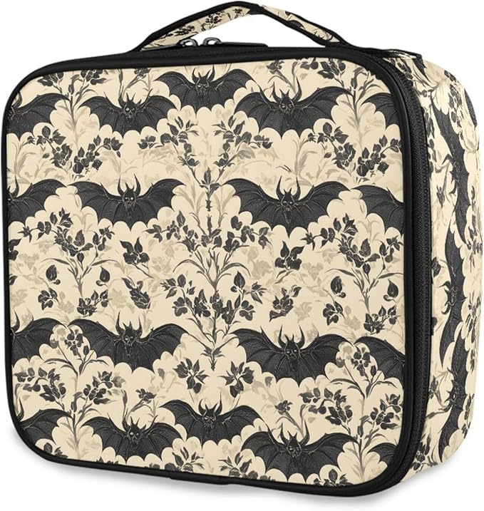 MNSRUU Travel Makeup Bag, Bats and Flowers Vintage Women Makeup Case Organizer Cosmetic Toiletry Bag for Teenage Girl with Adjustable Dividers