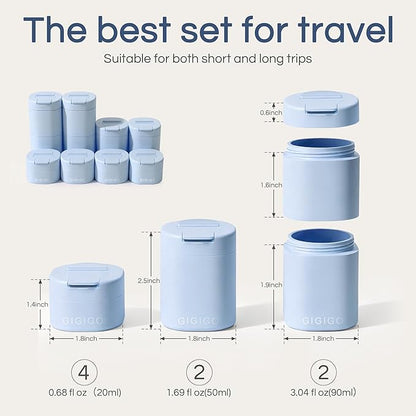 GIGIGO Magnetic Travel Containers Blue Set, 8-Pack Leakproof Refillable Cosmetic Capsules (0.68/1.69/3.04 fl oz) for Toiletries, Customizable Travel Size Jars with Lids & Labels for Shampoo, Pill