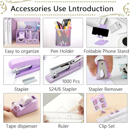 Office Supplies,Desk Accessories,Stapler and Tape Dispenser Set,1000 Staples,Staple Remover,Pen Holder,Folding Phone Holder,Journal Notebook,Ballpoint Pen,Scissor,Ruler,Clear Tape,Sticky Notes,Ect
