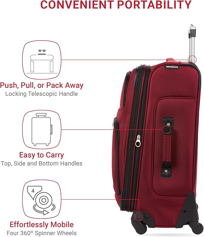 SwissGear Sion Softside Expandable Luggage – Medium Checked Suitcase with 360 Degree Wheels & Retractable Handle – 25 Inch, Perfect for 1-7 Night Trips – Burgundy