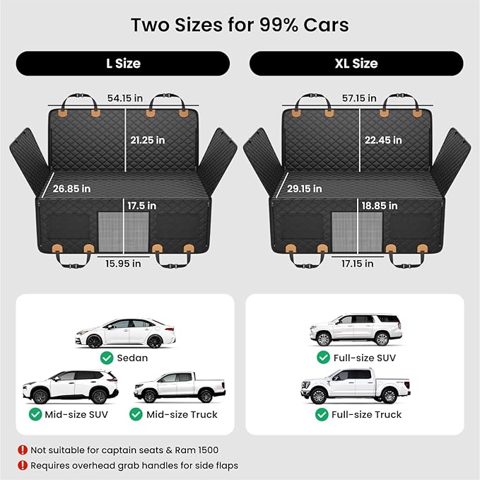 REEVAA Dog Car Seat Cover for Back Seat, Hard Bottom Dog Hammock, Pet Bed Extender for 2-4 Large/Medium Dogs, Waterproof Seat Protector, Universal L Size for SUV Medium Truck, Black+Orange