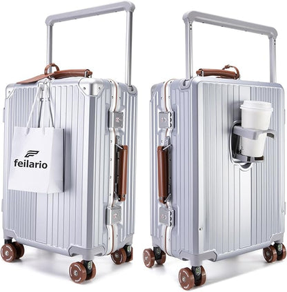 feilario 20" Aluminum Frame Wide Handle Hard Shell Carry On Suitcase - Vivid Colors Double Spinner Wheels Airline Approved Rolling Luggage with TSA Lock & Cup Holder (Silver, 20in)