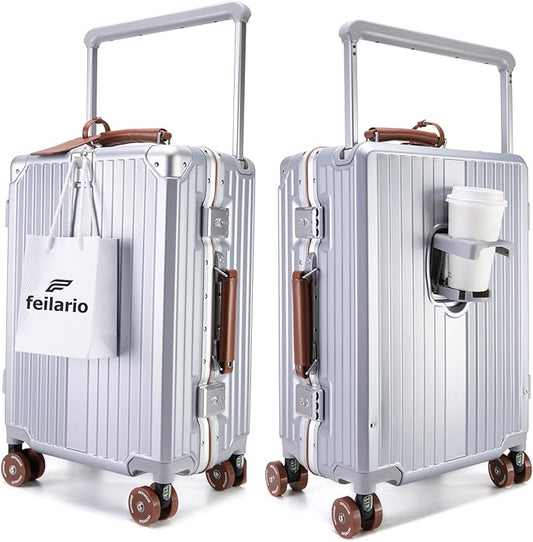 feilario 20" Aluminum Frame Wide Handle Hard Shell Carry On Suitcase - Vivid Colors Double Spinner Wheels Airline Approved Rolling Luggage with TSA Lock & Cup Holder (Silver, 20in)