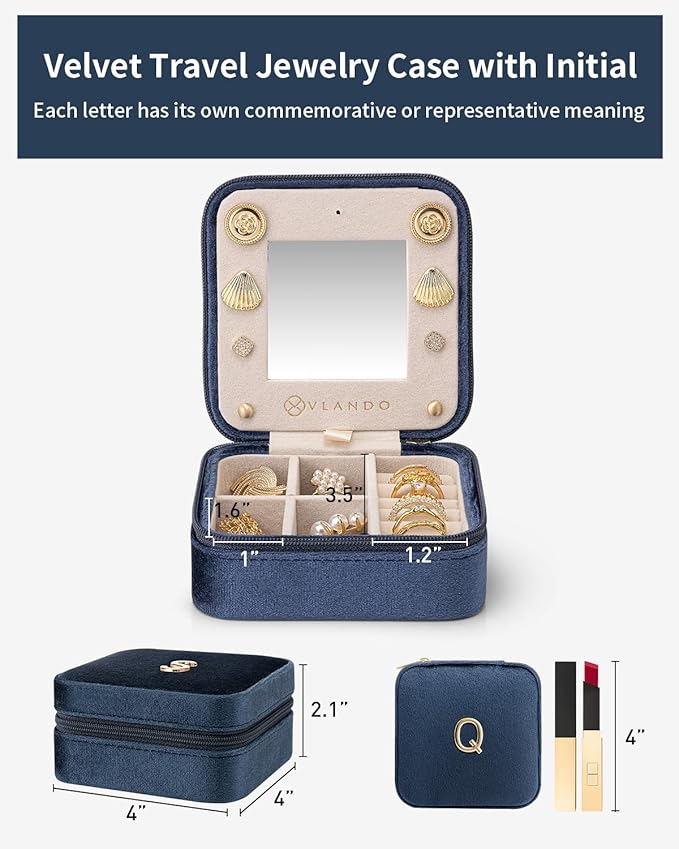Vlando Travel Jewelry Organizer for Women, Travel Jewelry Organizer, Necklace Organizer Earrings Ring Organizer, Jewelry Travel, Travel Gifts for Women Travel Essentials - Letter Q, Periwinkle Blue