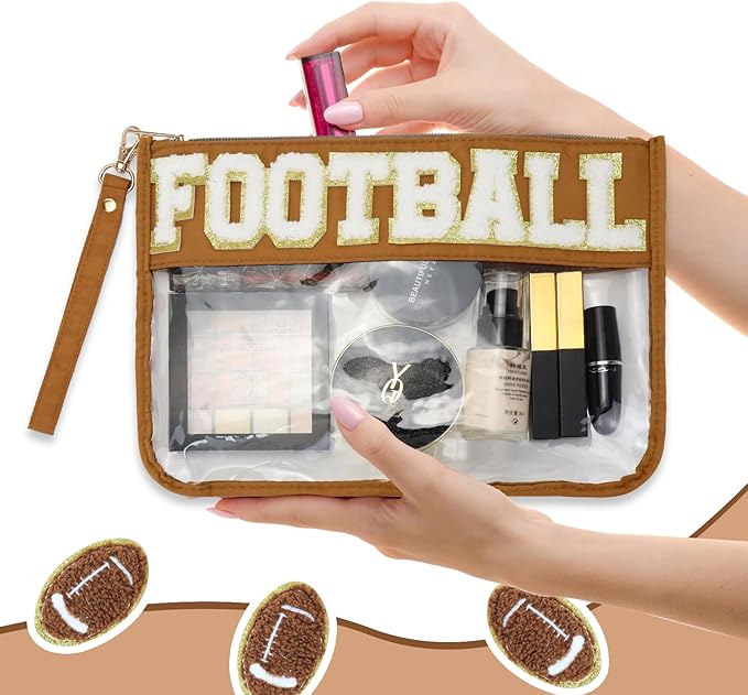 2 Pcs Football Gifts Makeup Bag with Chenille Letter Patch,with Handles PVC Waterproof Clear Makeup Bag,Portable Toiletry Storage Bag,Players & Fans Birthday, Team or Sports Lover Presents