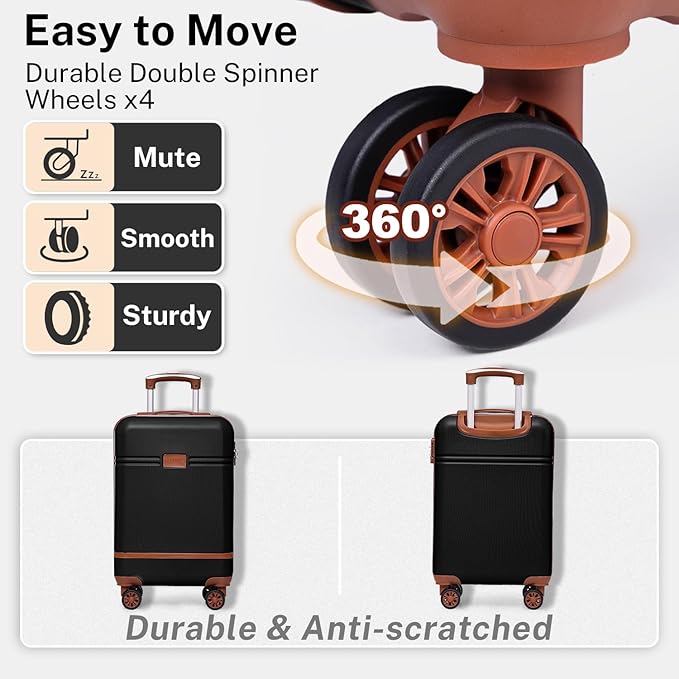 Krute Checked Luggage 24 inch Suitcases with Wheels TSA Approved PC+ABS Lightweight Hard Side Suitcase (BlackBrown)