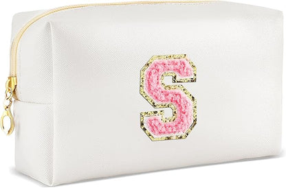 Initial Makeup Bag Personalized Preppy Travel Small Cosmetic Bag Cute PU White Chenille Letter Makeup Pouch for Purse Waterproof Zippered Toiletry Organizer for Women Girls Kids Friends (S)