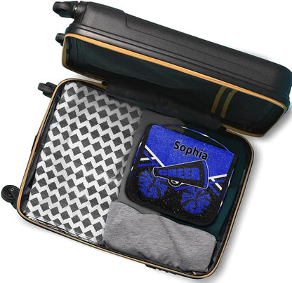 Personalized Travel Cheerleading Toiletry Hanging Bag Waterproof Bags, Custom Name Cosmetic Makeup bag Toiletries Organizer Container Bag, Royal Blue Black Glitters Effect