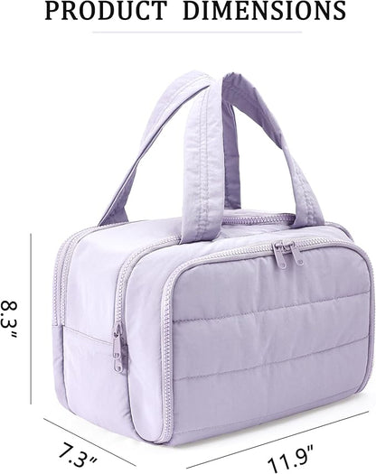 Travel Toiletry Bag for Women, Large Wide-open Puffy Cosmetic Makeup Bag with Wet-Dry Separation, Multi-Pocket Organizer with Carry Handle for Toiletries, Cosmetics, Essentials, Light Purple