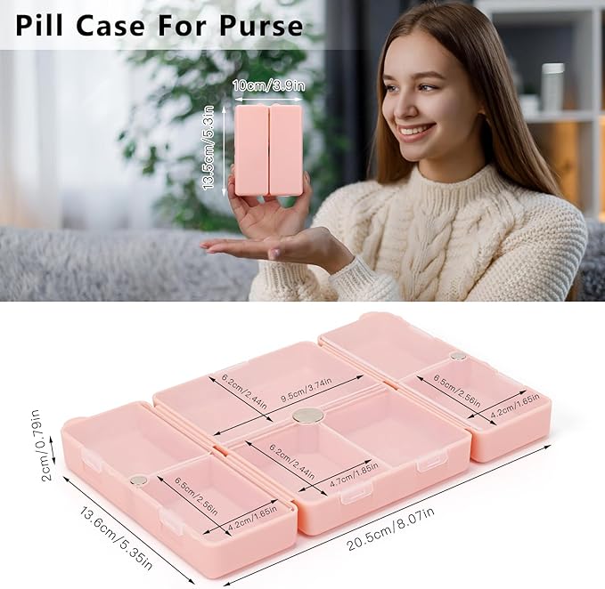 FYY Daily Pill Organizer,7 Compartments Portable Travel Pill Case [Folding Design] Pill Box for Purse Pocket to Hold Vitamins,Cod Liver Oil,Supplements and Medication-Rosegold