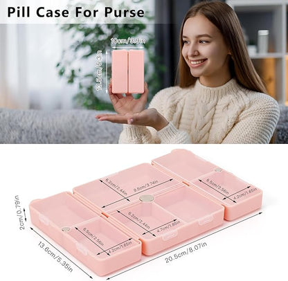 FYY Daily Pill Organizer,2 Pcs 7 Compartments Portable Pill Case Travel,Folding Design Pill Box for Purse Pocket to Hold Vitamins,Cod Liver Oil,Supplements and Medication-Pink