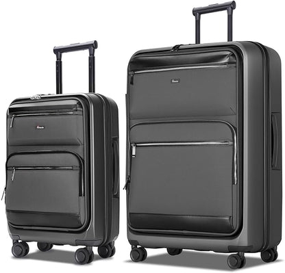 Luggage Sets 2 Piece, Carry On Luggage with Front Pocket & USB Port and 28 Inch Expandable Checked Luggage, Hybrid Soft Front & Hard Shell Suitcases with Spinner Wheels & TSA Lock, Grey