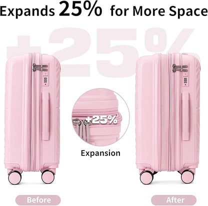 LARVENDER Luggage Sets, Suitcase Set 3 Piece Expandable Luggage PP Lightweight Large Suitcases with Wheels for Women (28/24/20inch,Light Pink)