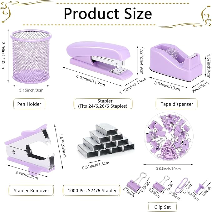 Office Supplies Set,Desk Accessories,Stapler And Tape Dispenser Set,Pen Holder,1000 Staples,Staple Remover,Hinder Clips,Ruler,Scissor,Index Tabs,Clear Tape,Ballpoint Pen,Sticky Notes,Coworkers(Purple)