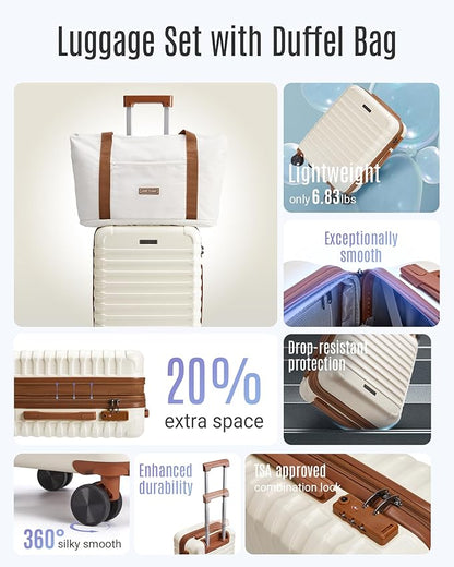 LIGHT FLIGHT Luggage Sets, Carry On Luggage 22x14x9 Airline Approved, Carry On Travel Bag Suitcases with Wheels, Expandable Hardside Lightweight Rolling with TSA Lock 2-Piece Set (DB/20),Beige