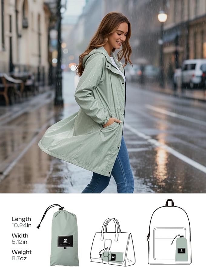 SaphiRose Women's Lightweight Long Rain Jacket Packable Raincoat Hooded Outdoor Trench Coats