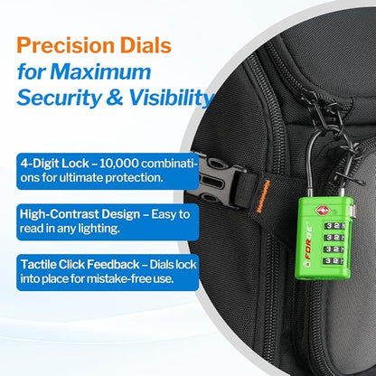 Forge TSA Approved Luggage Locks 4 Digit Combination TSA Travel Locks with TSA008, Open Alert Indicator, Zinc Alloy Body for Luggage, Suitcase, Backpack, and More. Green 4 Locks.