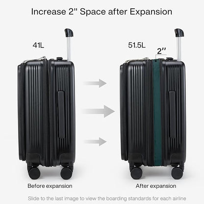 Hanke Grace Expandable Carry On Luggage with Wheels Airline Approved Hard Shell Suitcases with Front Pocket，Top Opening Luggage with TSA Lock for Short Business Travel, Jet Black.