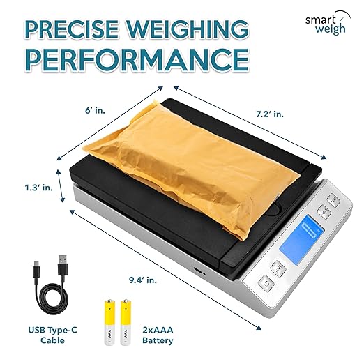 Smart Weigh Digital Postal Shipping Scale, 66 lb Capacity, 0.1 oz Readability, Hold & Tare Function, High-Accuracy Scale, Includes Batteries & USB-C
