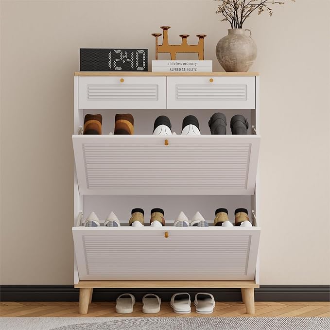 Spaco Shoe Storage Cabinet with 2 Flip Drawers for Entryway,Narrow Shoe Rack Organizer Cabinet with Oak Top and 2 Storage Drawers for Hallway,Entrance