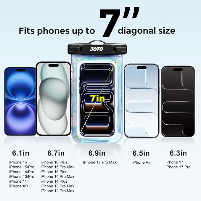 JOTO Up to 7" Universal Waterproof Phone Case for iPhone 16 15 14 13 Plus Pro Max, IPX8 Cellphone Dry Bag 12 11 Pro Max XR X 8 7 6S Plus SE, Galaxy S23 S22 S21 S20+ S20 S10 Plus Note, Pixel -Sparkle
