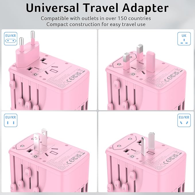 Acer Universal Travel Plug Adapter - International Power Adapter with 5 USB Ports (3 USB C) 5.8A, Worldwide Outlet Charger for USA to European UK France Germany Spain, Type C/E/F/G/I/L/A,Pink
