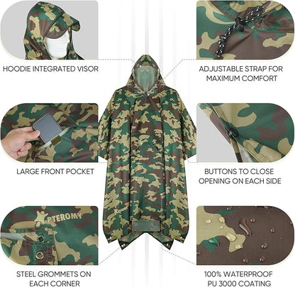 PTEROMY Hooded Rain Poncho for Adult with Pocket, Waterproof Lightweight Unisex Raincoat for Hiking Camping Emergency
