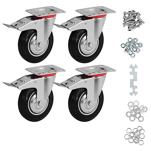 3 Inch Caster Wheels Set of 4, Heavy Duty Casters with Brake, Rubber Locking Casters for Cart, Workbench,Black (3" 4Pack with Brake, 4)
