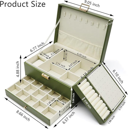 Jewelry Organizer Box, Jewelry Box Organizers for Women Girls, 3 Layers Large Leather Jewels Storage Case for Earring, Rings, Necklaces Bracelets, Big and Small Jewellery, Watch, Gift (OliveGreen)