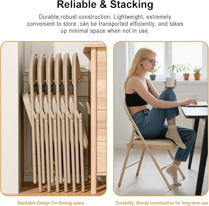 18 Pack Khaki Folding Chairs with Padded Cushion for Outside, Portable Stackable Commercial Metal Foldable Chairs with Steel Frame for Home Events Office Wedding Party, 350lbs Capacity