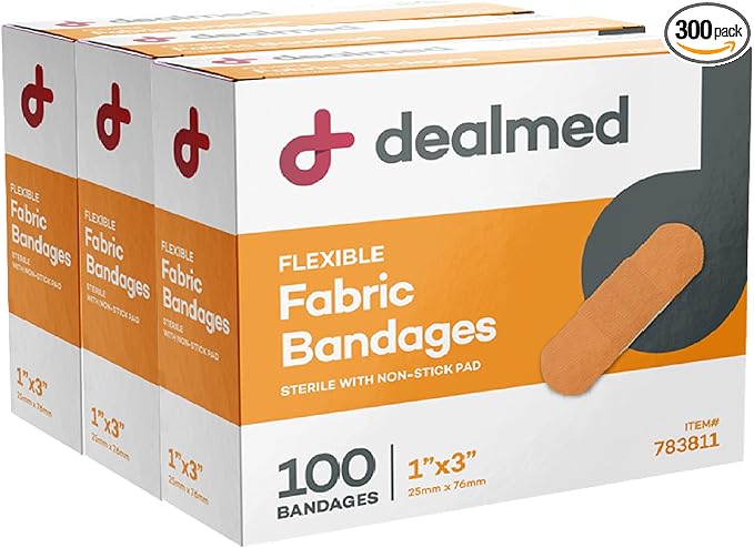 Dealmed Sterile Flexible Fabric Adhesive Bandages – 1x3 Inch – 100/Box - 3 Boxes - Breathable First Aid Strip Pack - Soft Stretch Wound Patch For Medical, Emergency Kits & Clinic