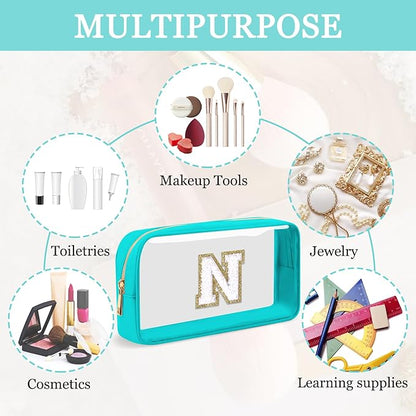 Small Clear Personalized Initial Makeup Bag,Nylon Preppy A-Z Chenille Letter Patch Cosmetic Pouch Beach Toiletry Bag,Waterproof Zipper Travel Purse Storage Bag Organizer for Women Girls(Cyan-White N)