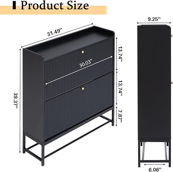 RARZOE Fluted Shoe Cabinet for Entryway with 2 Flip Drawers, Narrow Wood Shoe Cabinet with Fluted Panel, Slim Hidden Shoe Organizer Closed Shoe Rack with Metal Legs for Foyer,Hallway(31.5''Black)