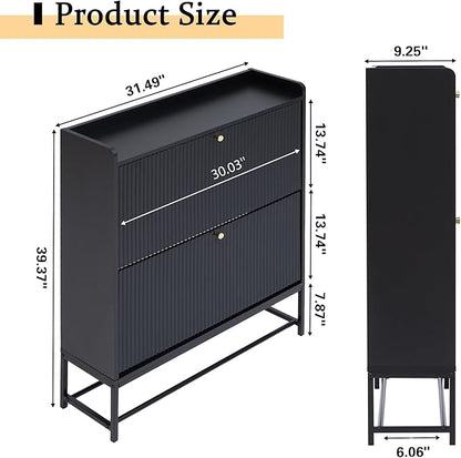 RARZOE Set of 2 Fluted Shoe Cabinets for Entryway with 2 Flip Drawers, Narrow Wood Shoe Cabinet with Fluted Panel, Freestanding Hidden Shoe Rack with Metal Legs for Foyer,Hallway(31.5''Black)