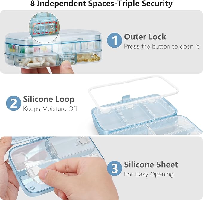 FYY Weekly Pill Organizer with Labels,8 Compartments Travel Daily Pill Case Airtight Moistureproof Large Pill Box to Hold Vitamins, Fish Oil, Supplements,Cotton Swab and Bandages-Blue
