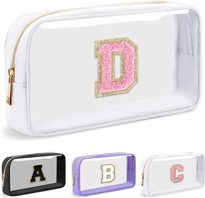 Personalized Initial Letter Clear Makeup Bag,Preppy Small Nylon&PVC Cosmetic Zipper Bag with Chenille Letter,Travel Skincare Toiletry Bag,Monogram Christmas Gift for Teen Girls Women,D