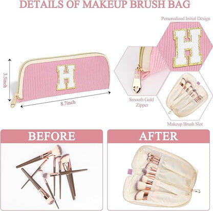 Personalized Initial Makeup Bag Trendy Stuff Corduroy Cosmetic Bag Travel Toiletry Bag for Women, Christmas/Thanksgiving/Halloween Gifts Makeup Organizer Case for Teen Girls Mom Girlfriend Wife - Pink