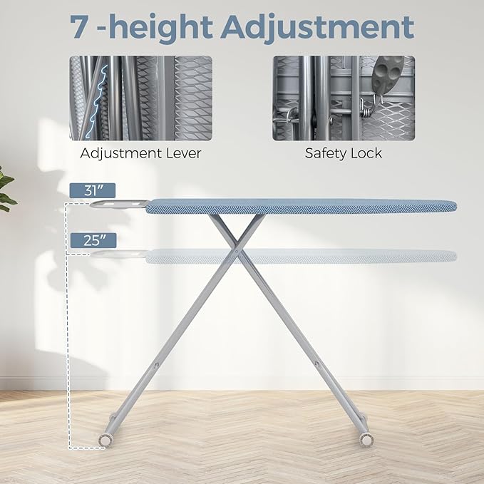COSTWAY Foldable Ironing Board, 57" x 16.5" Heavy-Duty Ironing Stand w/ 7 Adjustable Heights, Iron Rest, Resistant Fabric, Sturdy Metal Legs, Compact & Space Saver Iron Table for Home, Laundry Room
