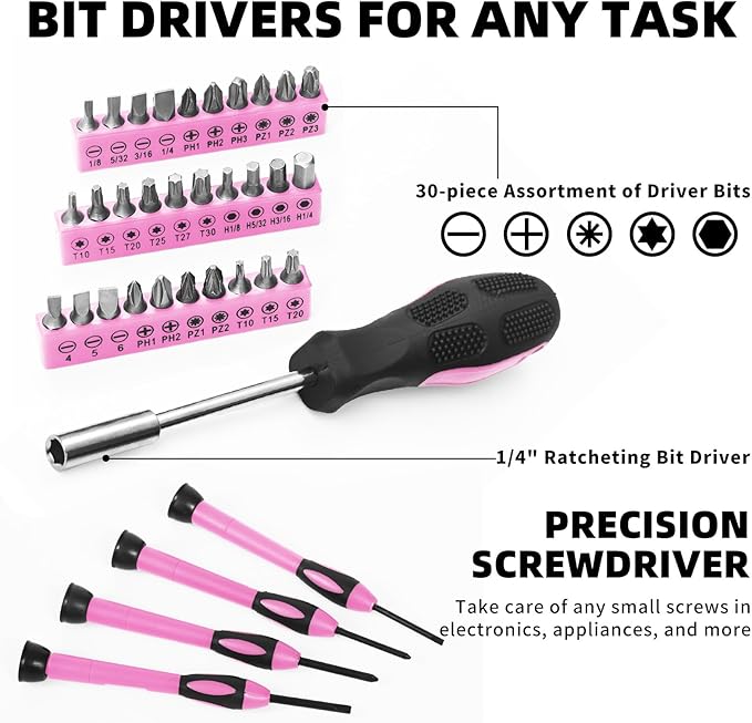 58-Piece Pink Household Tool Set General Household Hand Tool Kit,Small Tool Kit with Plastic Toolbox Mini Tool kit for Women, Office & College Repairs
