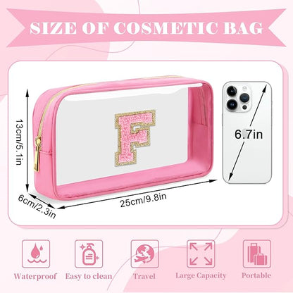 Personalized Initial Letter Clear Makeup Bag,Preppy Small Nylon&PVC Cosmetic Zipper Bag with Chenille Letter,Portable Beach Travel Skincare Toiletry Bag,Trendy Monogram Gift for Teen Girls Women,F