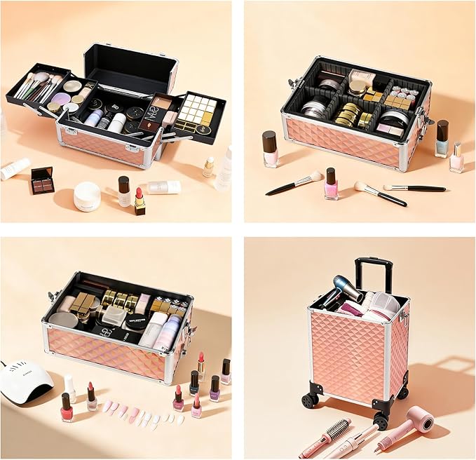 Professional Rolling Makeup Case, Cosmetology Case on Wheels 4 in 1 Large Cosmetic Train Case, Ideal Gift for Hairstylist, Nail Techs, Portable Beauty Organizer for Travel or Salon Use